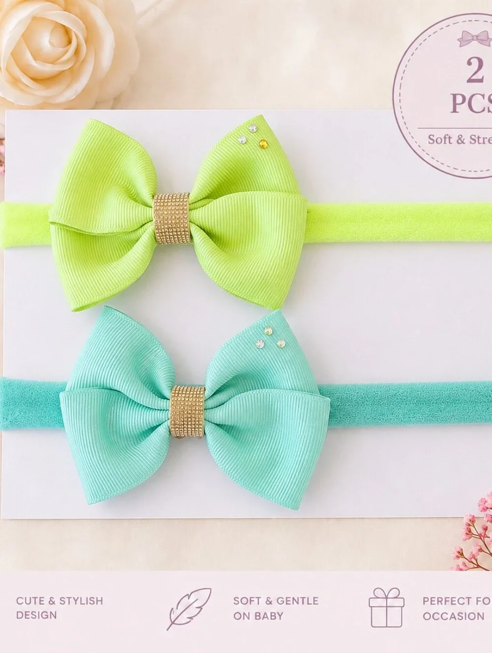 Handmade Elastic Headbands Set Ribbon Bows In Aqua And Green🎀✨